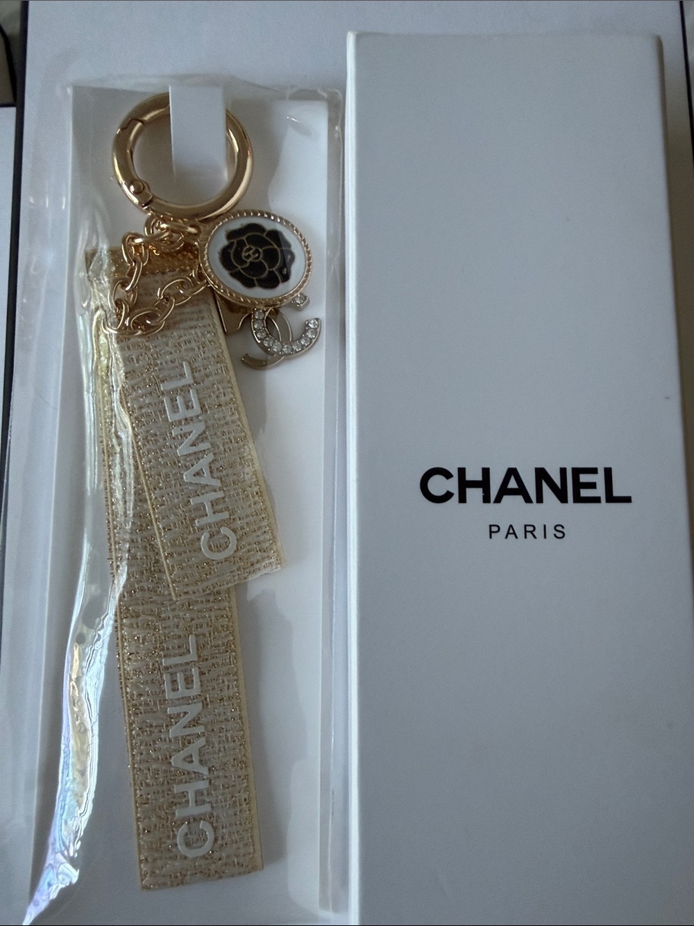 CC Gold & White Camellia Logo Keychain Card Holder Charm